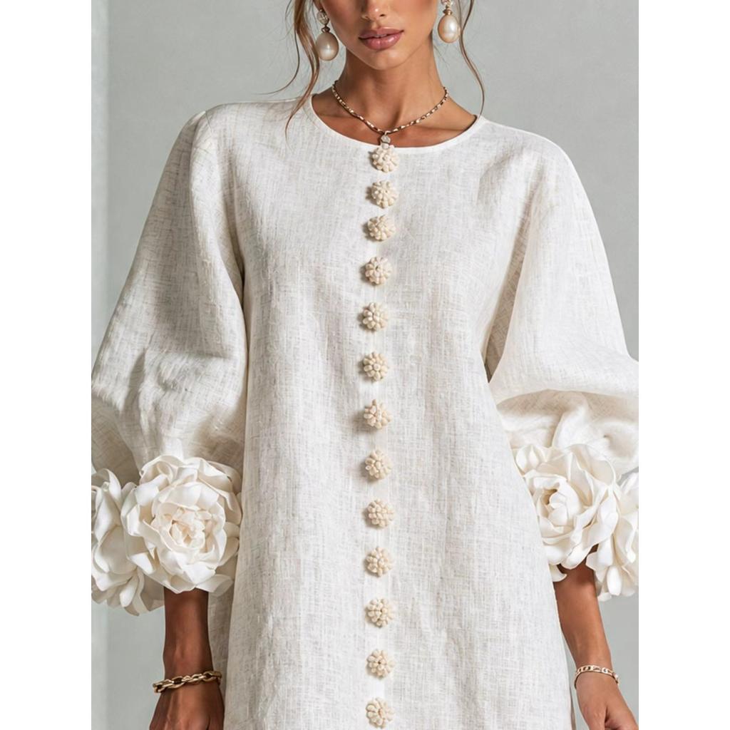 French Style 3D Floral Cotton Linen Dress, Lantern Sleeve Round Neck Single Breasted Loose Slimming Vacation Mini Dress