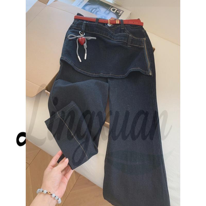 Official Dark Blue High Waist Slimming Denim Skirt Pants - Women s Flair Wide Leg Long Pants Medium