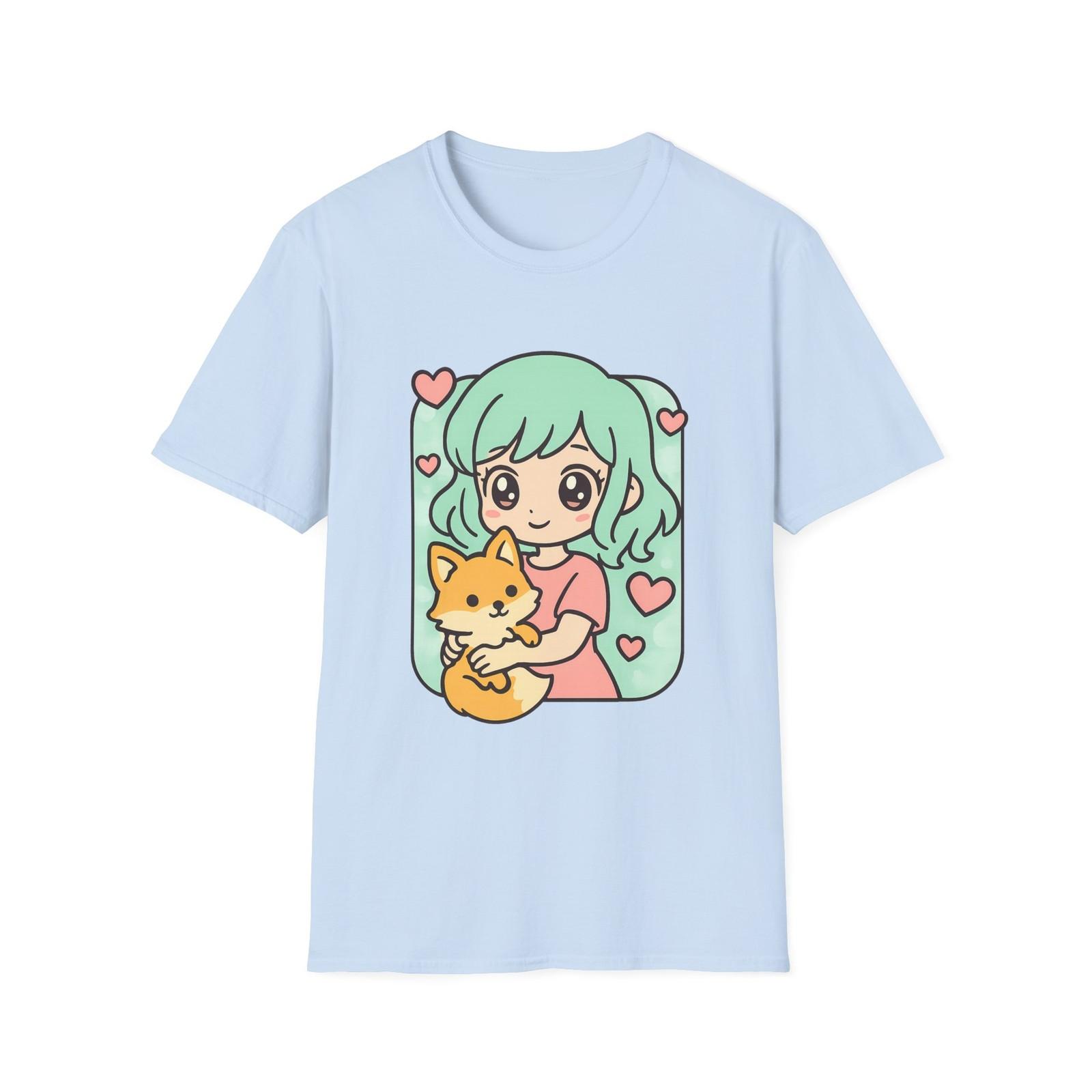 Unisex Softstyle Cute Anime T-Shirt Mens Womens Tees Top | Whimsical Fox and Mint Hair Girl XL
