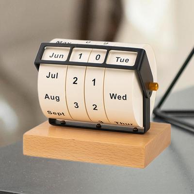 Rotary Perpetual Desk Calendar Desktop Artwork Wooden Wheeling for Office School
