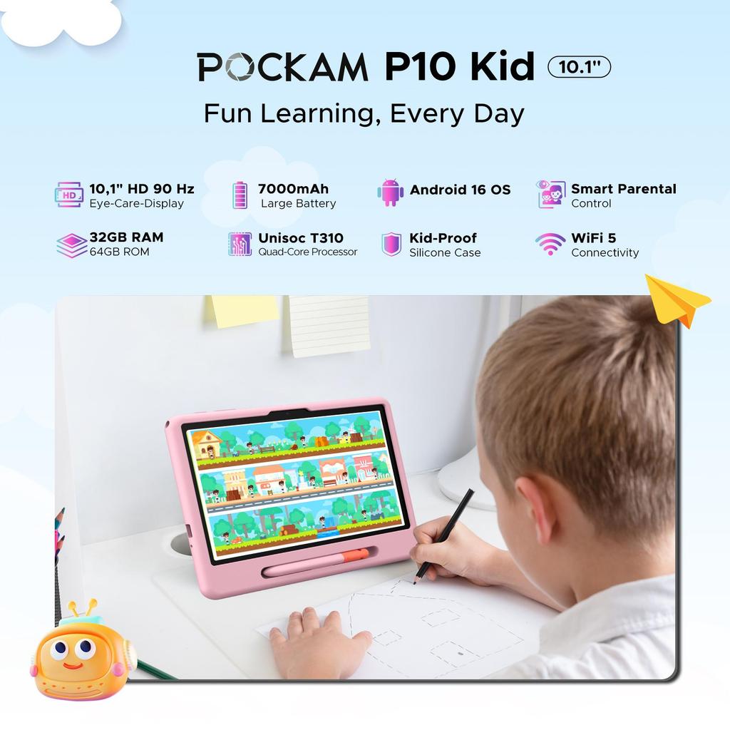 Tabletă POCKAM P10 pentru Copii, 32GB + 64GB, 90Hz Android 16 cu Gemini AI, 10.1 inch, 7000mAh, WIFI 5G, Tabletă cu Stilou Stylus, Carcasă din Silicon