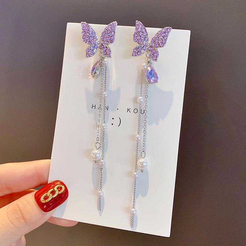 purple rhinestone butterfly tassel earrings for women imitation pearl beads pendants thread long hainging earring brincos
