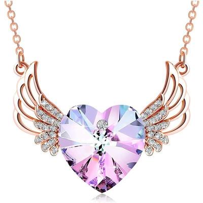 Rose Gold Angel Wing Heart Necklace Crystals for Women Girl Guardian Pendant Dainty Jewelry