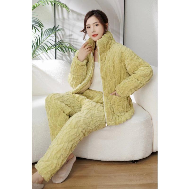 Coral fleece women's pajamas three-layer padded cotton thickened pregnancy postpartum breastfeeding set thermal loungewear