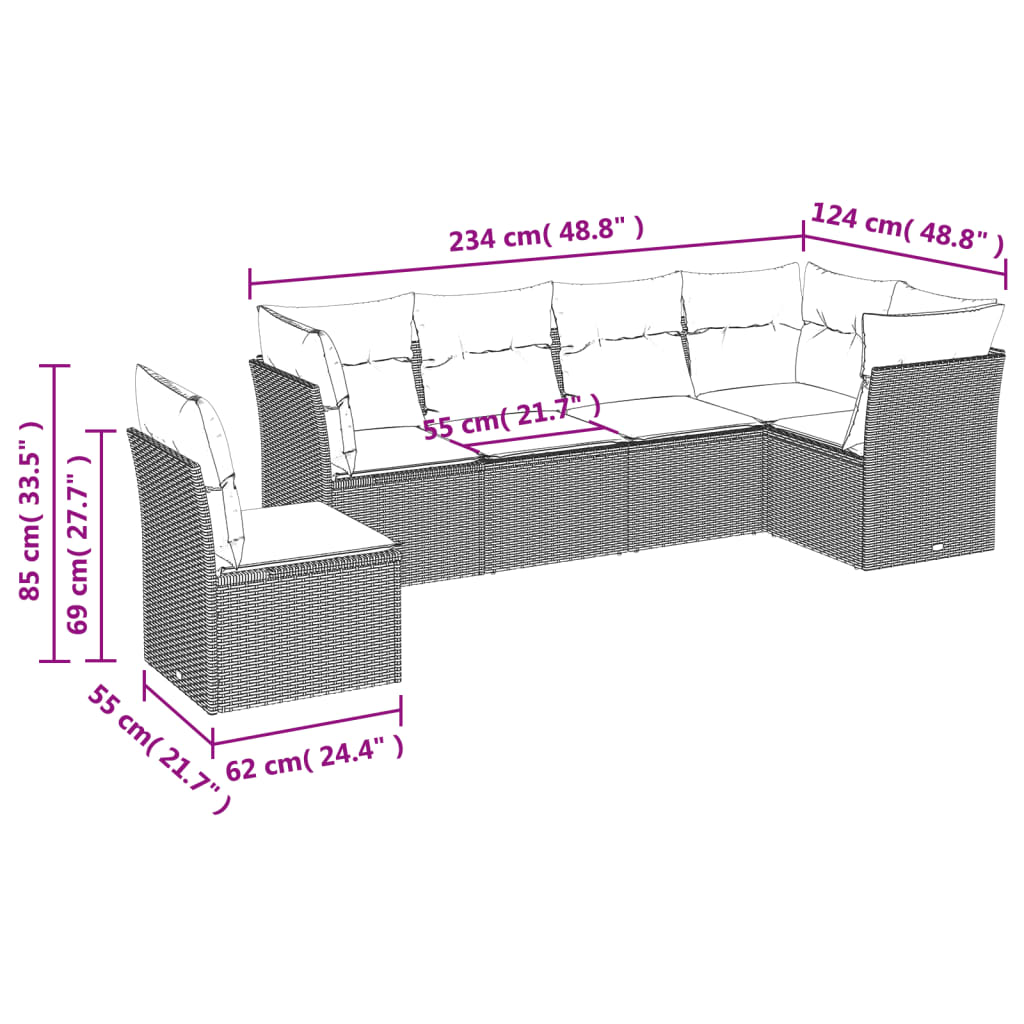 Vidaxl 6-Cz. Set di Mobili da Giardino con Cuscini, Polyrattan Nero