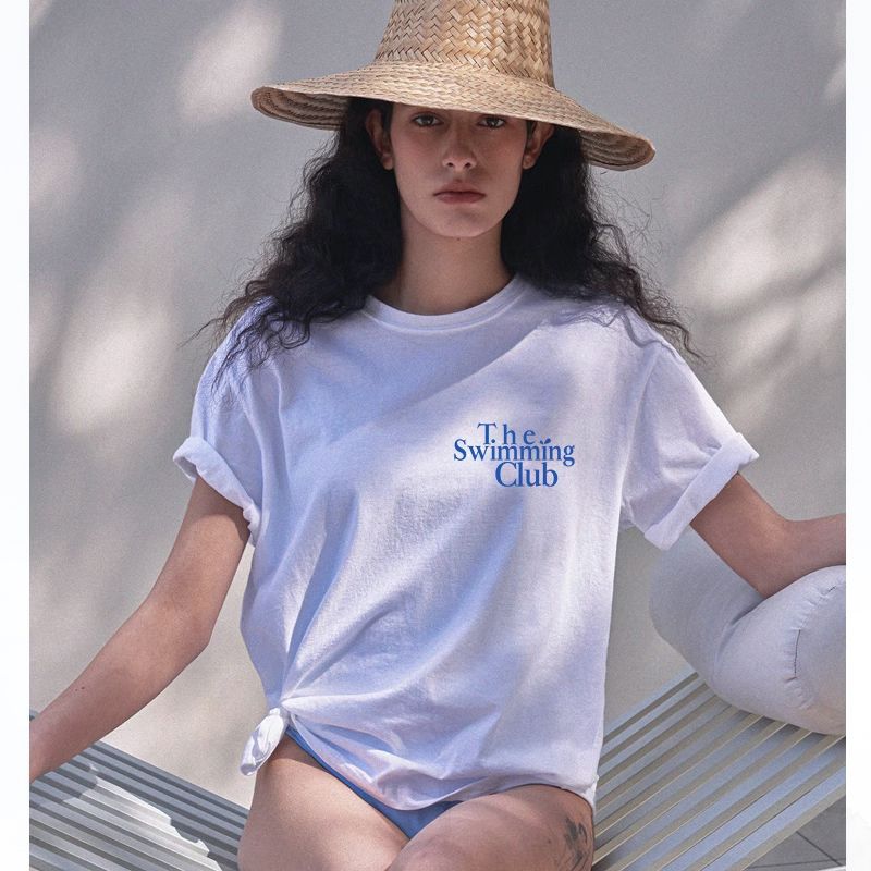 The Swimming Club White Short-Sleeved T-shirt for Women 2025 Summer New Arrival American Retro Casual Niche Style Tide