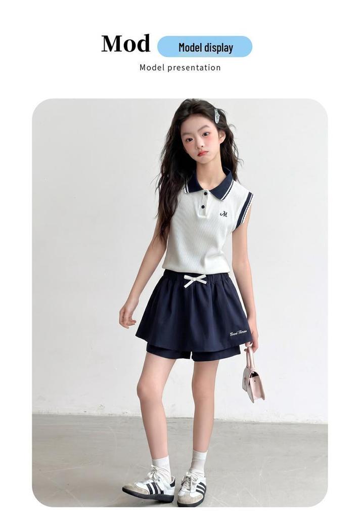 Girls' 2026 Sleeveless Polo Shirt & Sports Skirt Shorts Two-Piece Summer Set