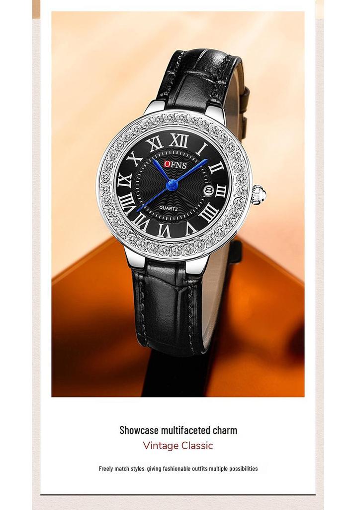 OFNS Women's Luxury Watch: Round Diamond-Inlaid, Versatile Ins Style, Calendar, 30M Waterproof