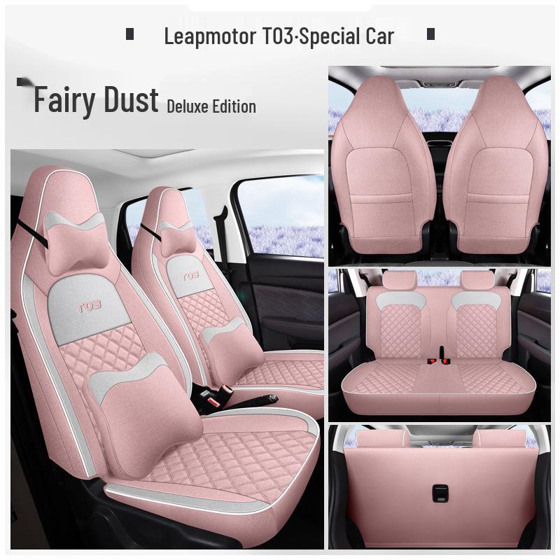 Leapmotor T03 Universal Cartoon Linen Car Seat Cover Set, Full Surround, Four Seasons.