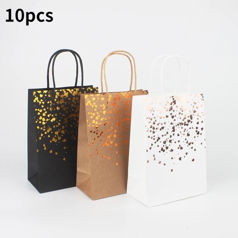 10pcs Kraft Paper Bag Hot Stamping Heart Handle Paper Bag Candy Cookies Gift Packaging Box Portable Bag
