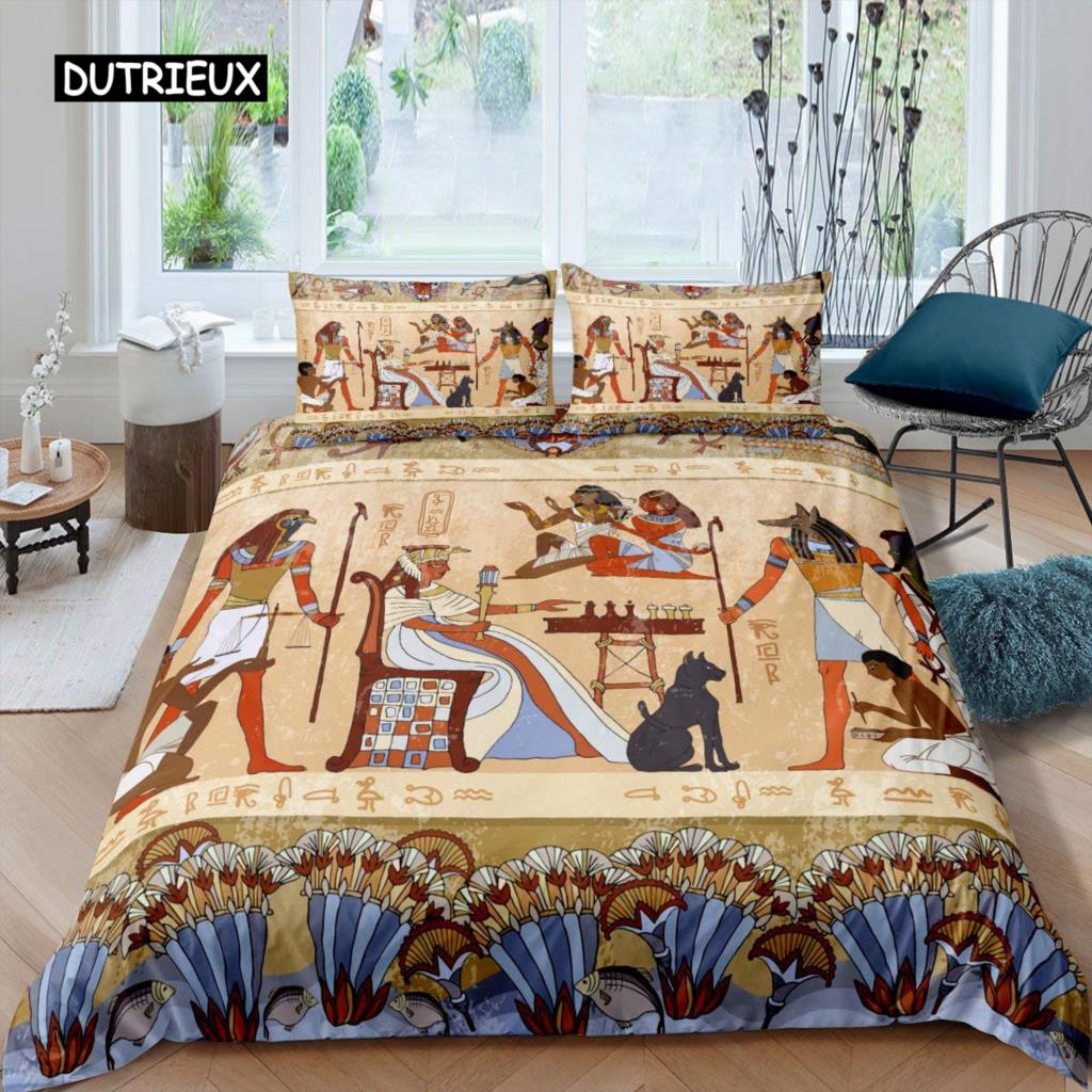 Ancient Egypt Duvet Cover Set Egyptian Symbol Bedding Set Vintage Pharaoh Pyramid Boho Tribal Polyester Quilt Cover 2/3pcs Queen