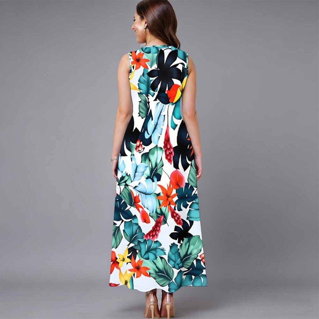 Plus Size Ladies Sleeveless Crew Neck Dress Exotic Palm Floral Printed Flowy Calf Length Outfit