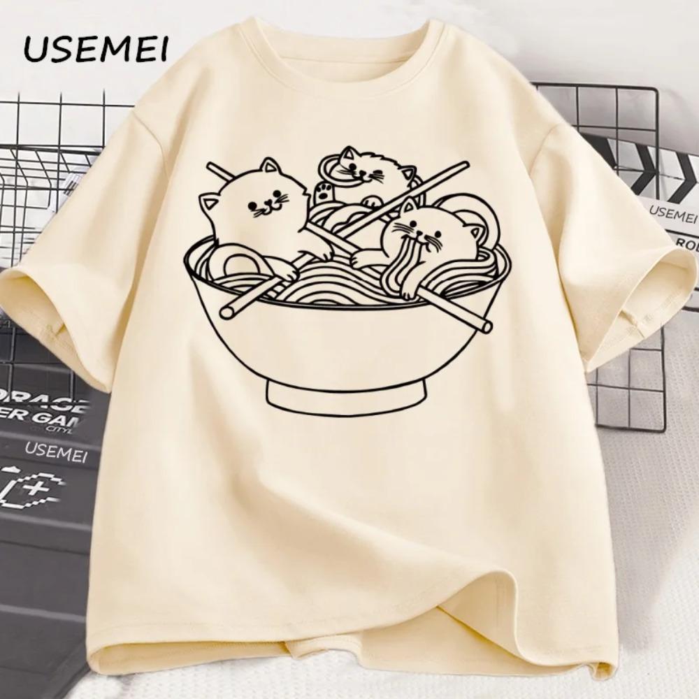 Tričko s kočkou v japonském stylu Ramen Bavlna Krátký rukáv Kawaii Anime Tričko Ramen Kotě Grafická trička Roztomilé Jídlo Tričko Oblečení