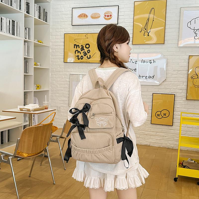 Schoolbag Japanese ins School Bag Junior High School Girls College Student Backpack Ribbon Bow Corduroy Backpack School Bag