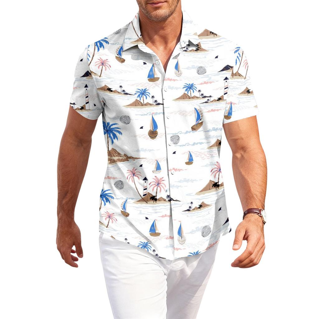 Men's Casual Loose Fit Short Sleeve Hawaiian Shirt Button Down Beach Shirt with Tropical Print Summer Top