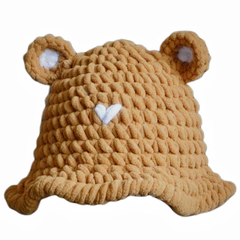

Cute bear basin hat thickened plush warm knitted hat children s versatile casual wool hat crimped sweet cartoon S（45-48cm）