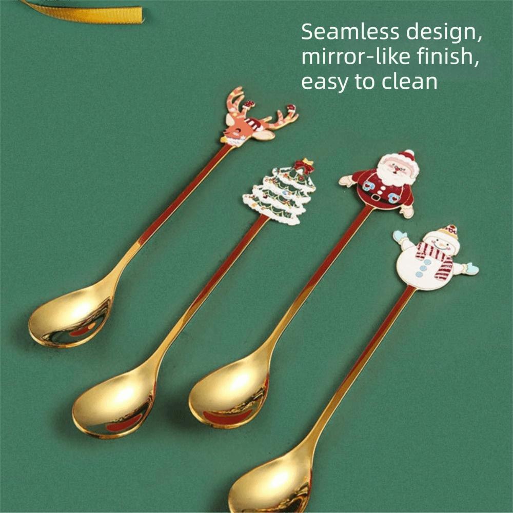 4PCS Set Christmas Stirring Spoon Stainless steel Plated Design Holiday Tableware Set Festive Decoration Practical Kitchen Tool