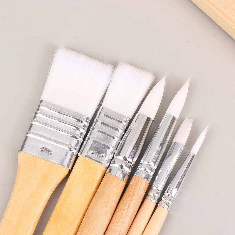 6Pcs Portable Watercolor Brushes Wooden Handle Paint Brush Oil Acrylic Painting