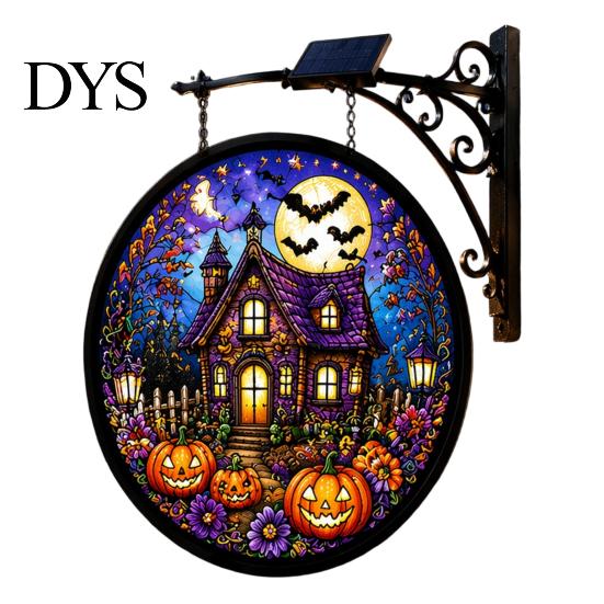 Entryway Holiday Decor Solar Halloween LED Hanging Sign Light, Outdoor Waterproof Lighted Handcrafted Resin Signs for Porch Yard Garden Halloweens