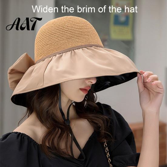 Sun Protection Hat for Outdoor Woven Hat, Women Wide Brim Beach Floppy Breathable with Bow, UV Summer Vacation Camping Travel Accessories