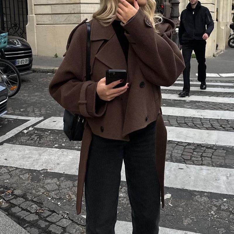 

European American Women s Autumn/Winter Woolen Coat - Long Sleeve Tie Overcoat Jacket S темно-коричневого кольору