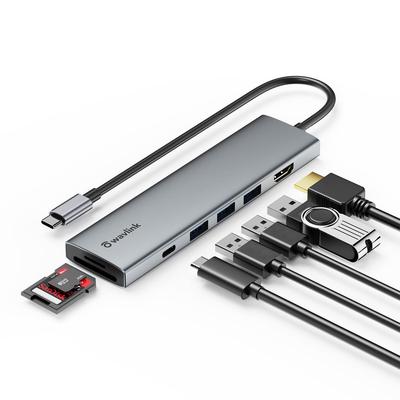WAVLINK Hub USB C 100W Szybkie Ładowanie PD Adapter Wieloportowy Hub Type C Wyjście HDMI 4K 30Hz Port do Transferu Danych Czytnik Kart Kompatybilny z OS i Innymi