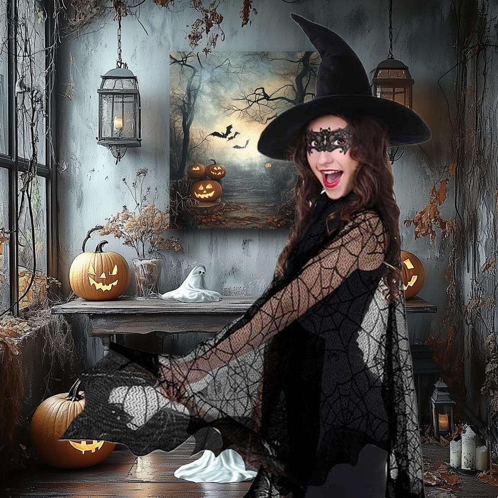 Spider Web Witch Cape 3 Pieces Halloween Witch Costume Cosplay Apparel for Goth Party Photo Ghost Bridal Autumn Vampire Stage