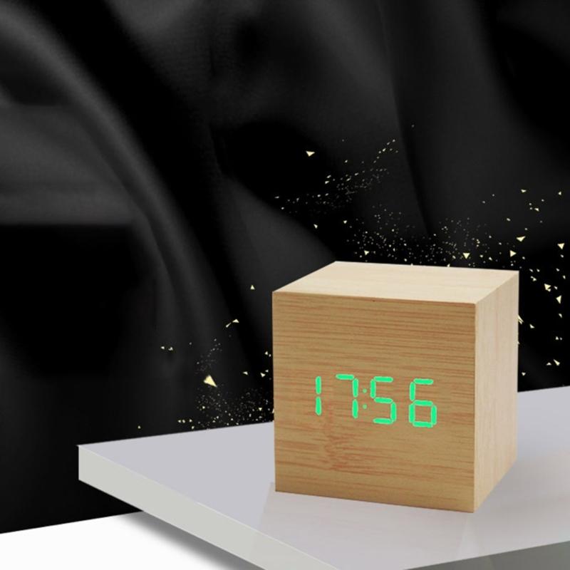 Wood Cube Voice Control Alarm Clock Bedside Table Square Clock Multipurpose for Children Bedroom Dormitory