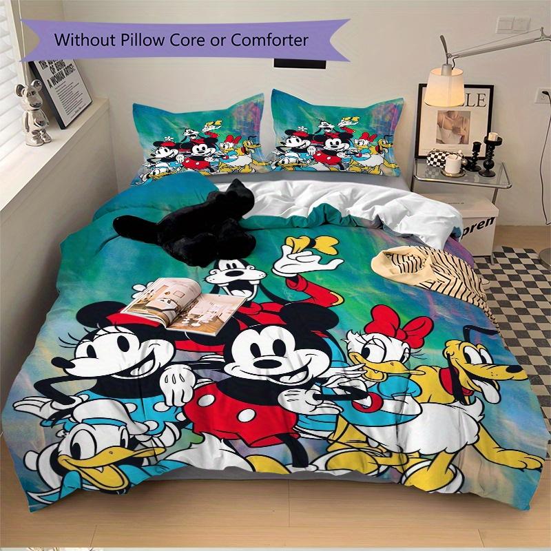 3pcs Mickey Minnie Goofy Pluto Donald & Daisy Duck Bedding Set 1 Soft Quilt Cover + 2 Pillowcases, Machine Washable