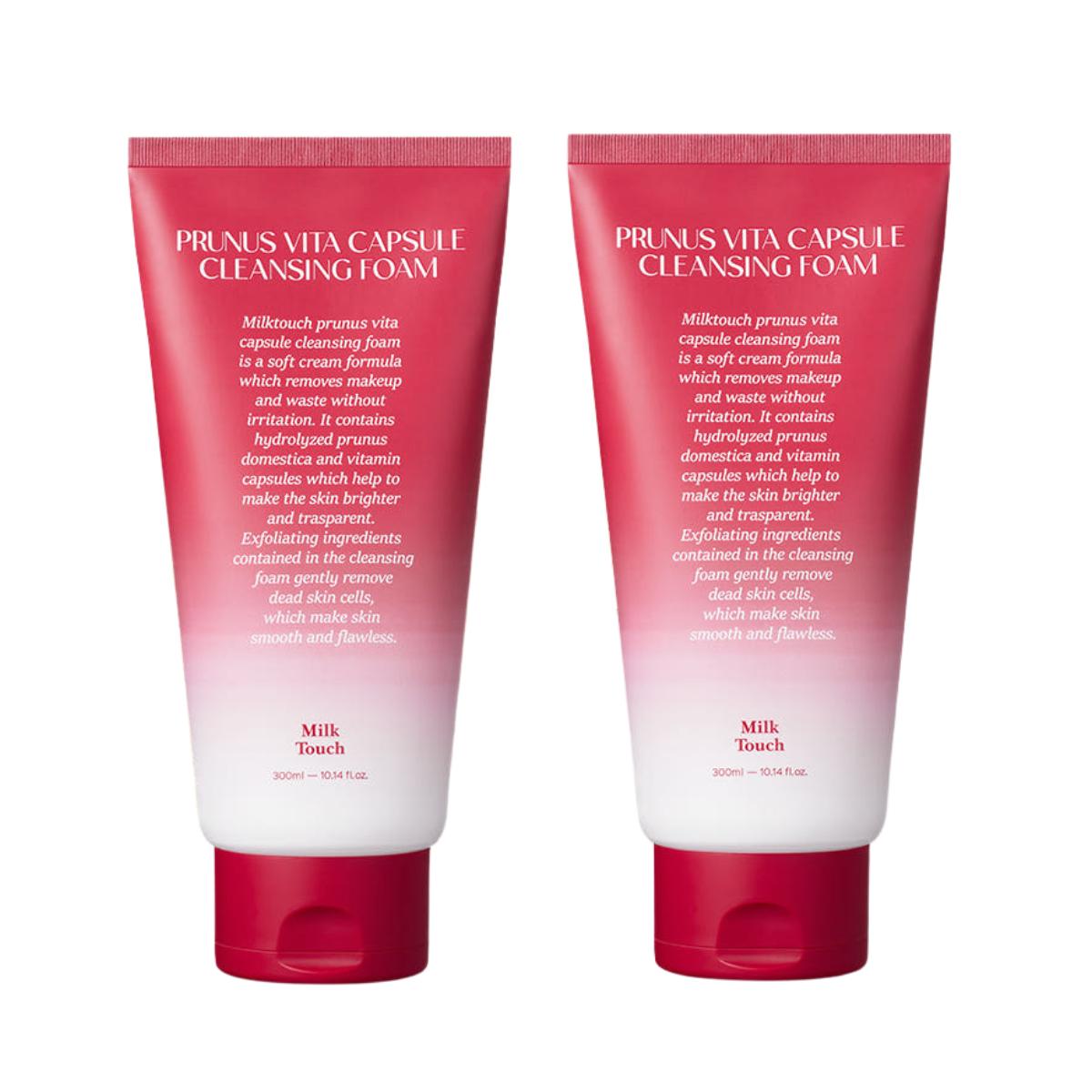 Milk Touch Prunus Domestica Vita Capsule Cleansing Foam Deep Pore Facial Cleanser 300ml Duo (2-Pack)