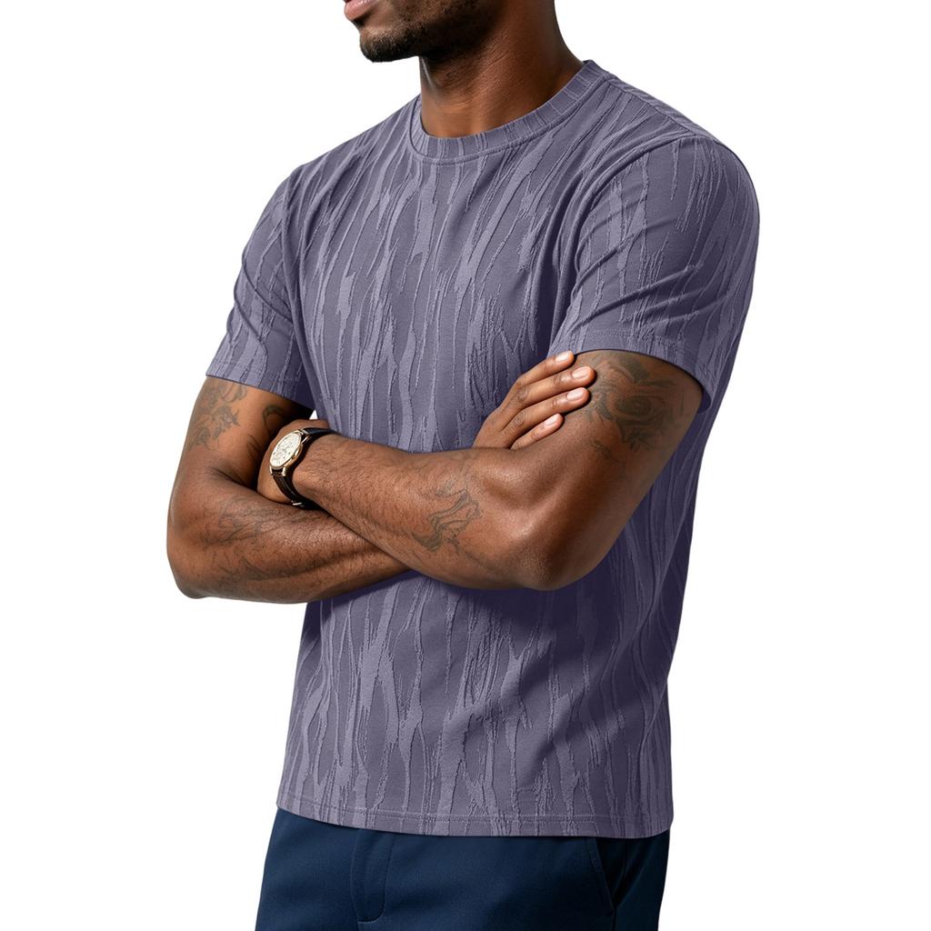 Men's Striped Texture Quick-Dry Short-Sleeved T-Shirt - Men's Retro Round-neck Lightweight Breathable Cool-Feeling Sports Casual Shirt