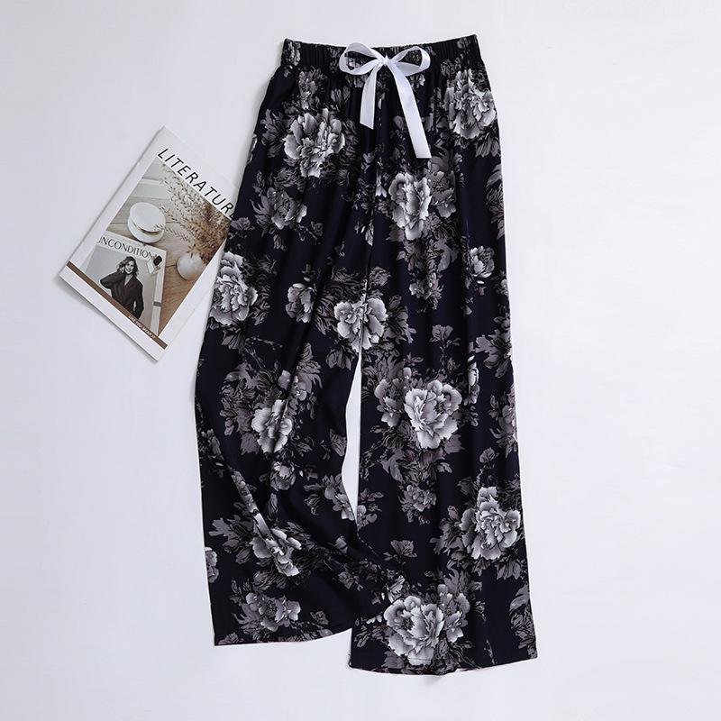 Damen Übergröße Baumwolle Viskose Pyjamahose, Cartoon-Blumendruck, Lockere Neun-Punkt-Strandhose, Outdoor-Bekleidung