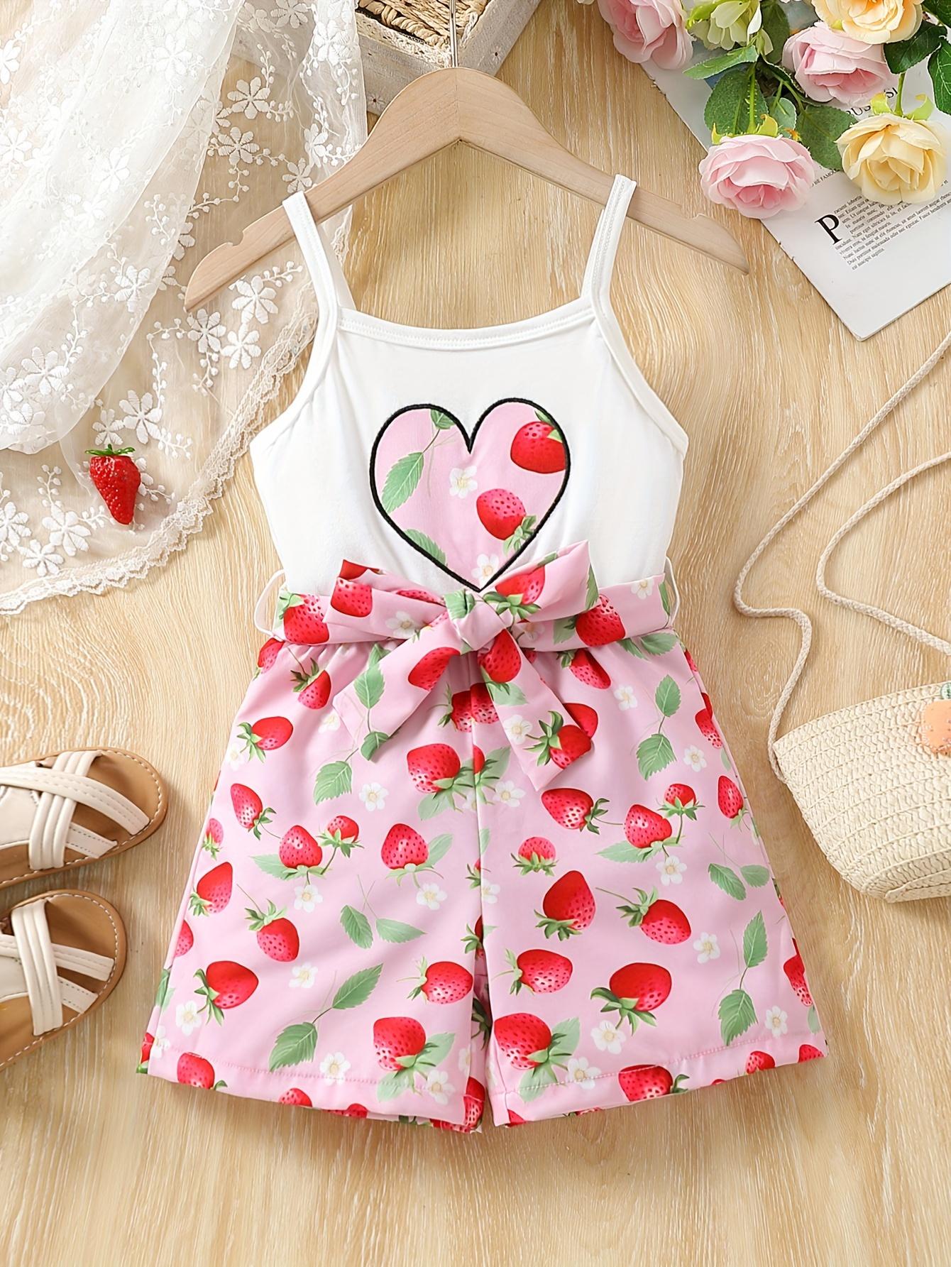 Summer girls love patch embroidered halter-neck high-waisted strawberry print short pants one-piece dress, light and fresh one-piece clothing 2-3Y розовый