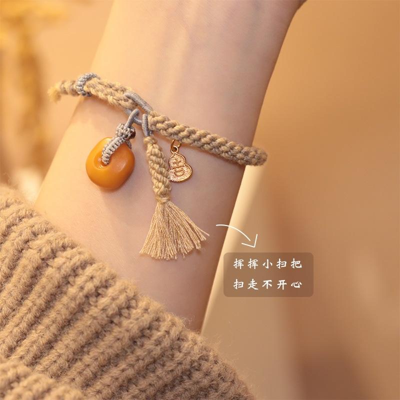 Orange Dream Mountain Old Amber Pendant Tassel Gourd Woven Bracelet Fashionable Elegant Ethnic Style Hand Rope