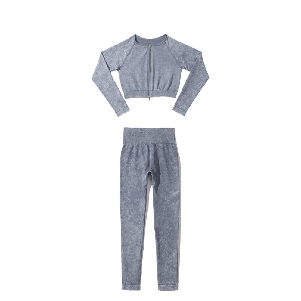 Auf Lager: Sandgewaschener Nahtloser Strick-Yoga-Anzug in Faux-Denim-Optik mit Doppelreißverschluss für Damen - Europäisches und Amerikanisches Langarm-Fitness-Set