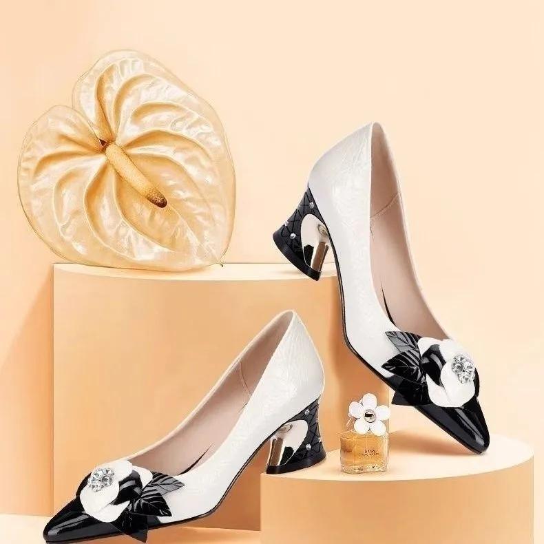 Women Fashion High Quality Patent Leather Spring Slip On Anti Skid Floral High Heel Shoes Lady Party Pumps Ab511