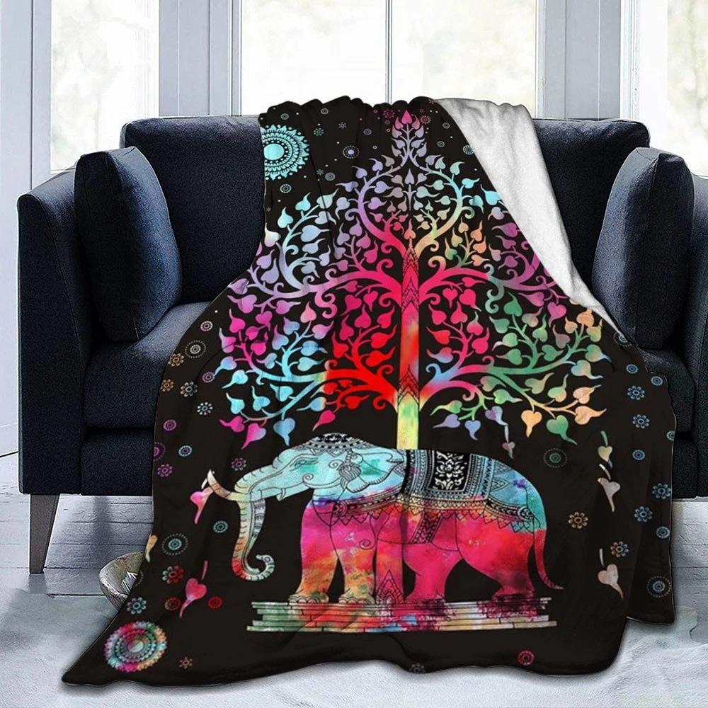 Mandala Elephant Themed Blanket Indian Style Flannel Blanket Bedroom Decorative Blanket Nap Blanket