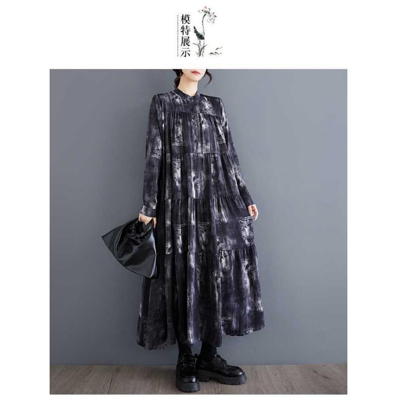 Nowe Sukienki w Dużym Rozmiarze, Luźne, Cienkie, Modne, z Długim Rękawem, Drukowane, o Długości Midi