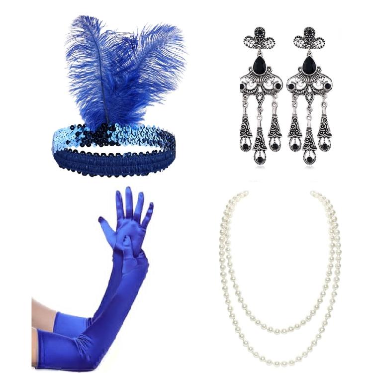 Girl Feather Headband Medieval Etiquettes Gloves with Earring&Pearl Necklace Set