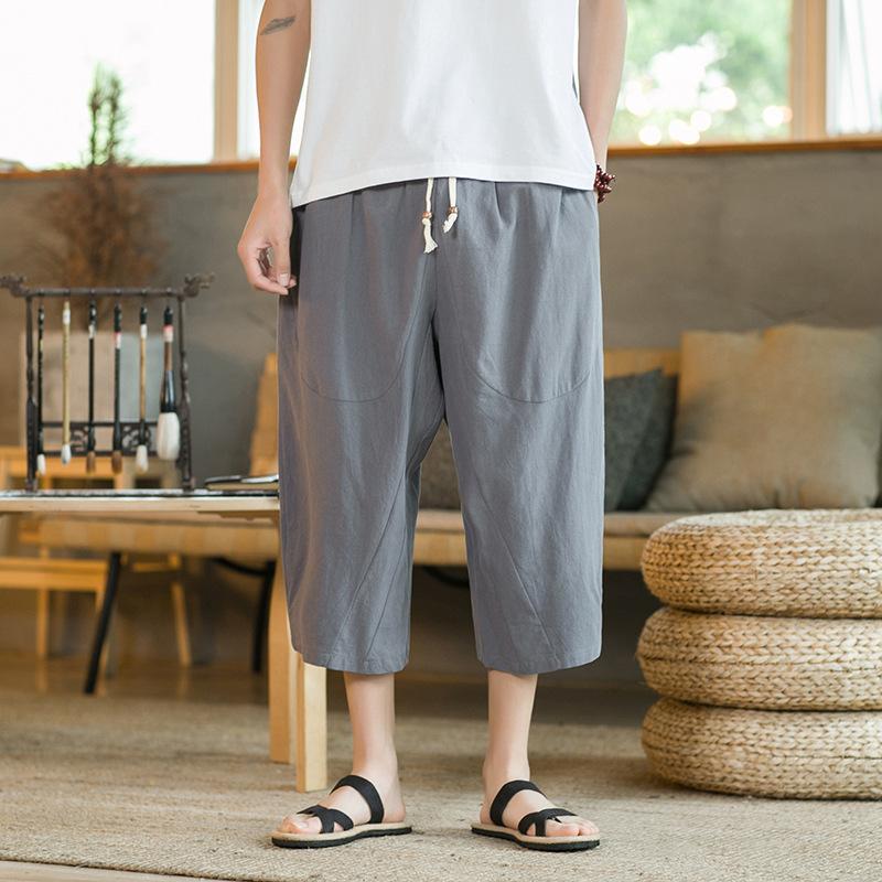 Loose Cotton Linen Men's 7/8 Pants Summer Casual Wide Leg Orts Breathable Comfortable Loose Fit M Model Beach Sle
