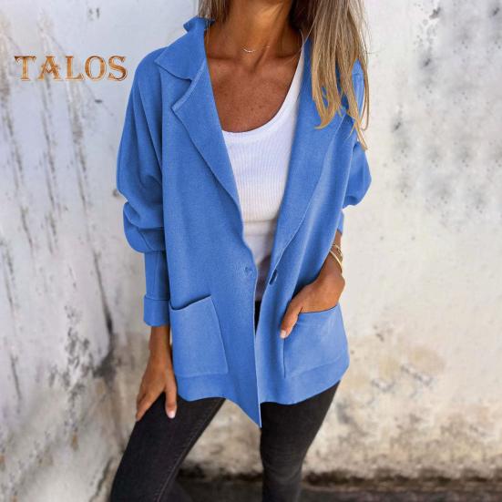 Damen Herbst Winterjacke Reverskragen Lockerer Freizeitmantel mit Tasche Einreihiges Einfarbiges Langarmoberteil