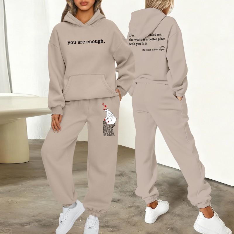 Womens Printed Letter Hooded Sweatshirt Jogger Pants Set Winter Casual Sportswear Outfit