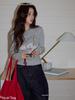 Women's Korean Style Gray Puppy Embroidered Slim Fit Crew Neck T-Shirt, Autumn 2025, with Waist-Cinching Short Long Sleeves