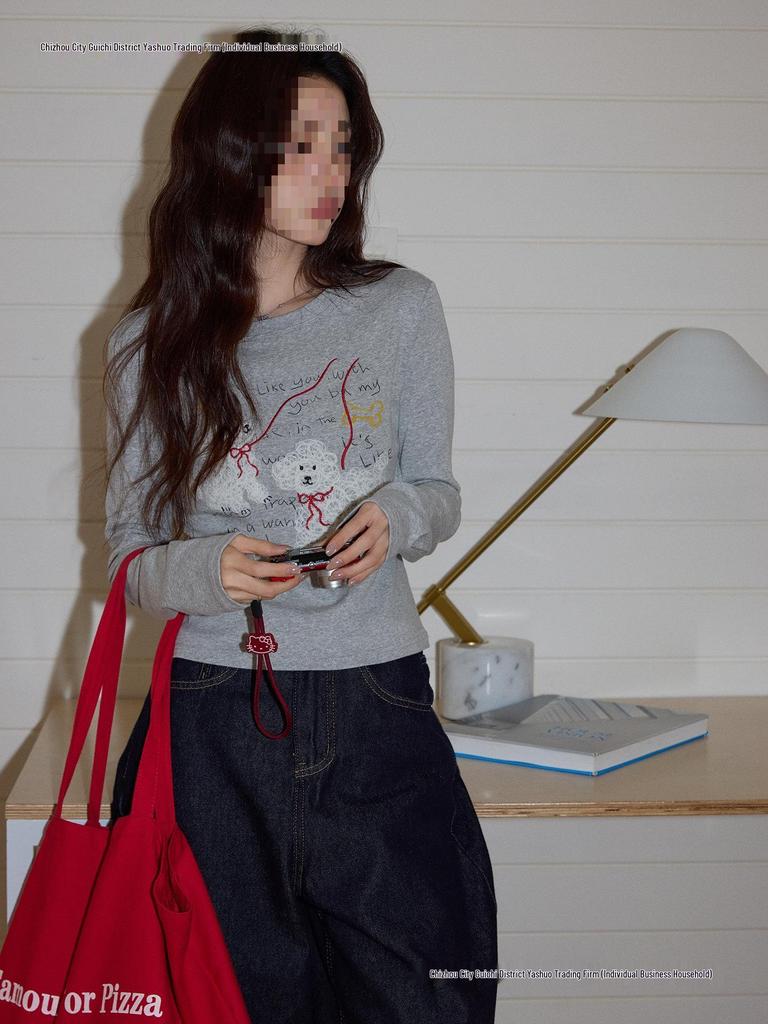 Women's Korean Style Gray Puppy Embroidered Slim Fit Crew Neck T-Shirt, Autumn 2025, with Waist-Cinching Short Long Sleeves