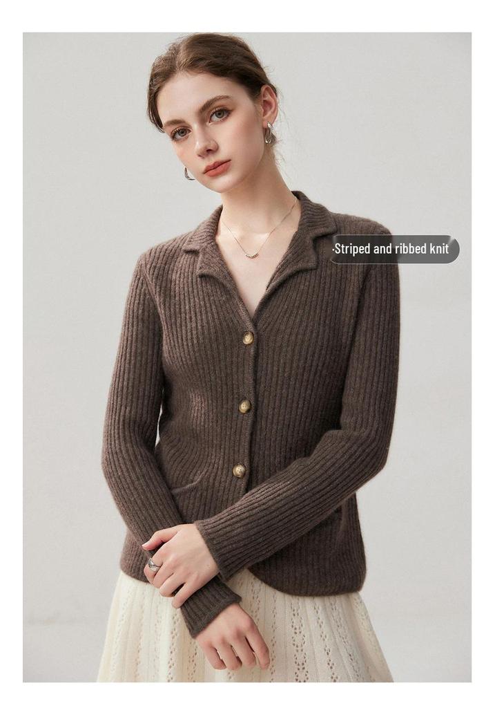 Women's Slim Fit Lapel Cashmere Cardigan - Autumn/Winter 2026 Striped Single-Breasted Elegant Base Layer