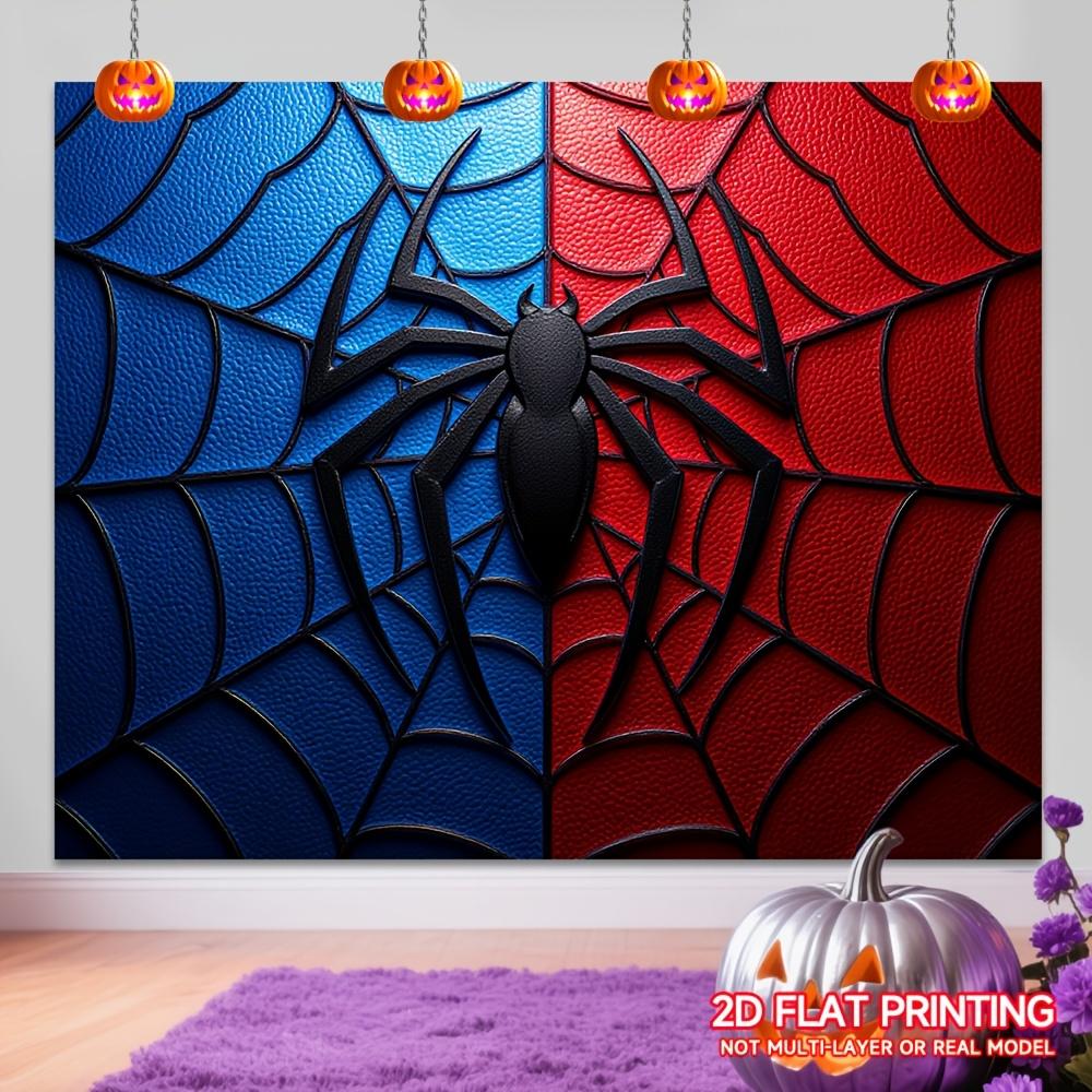 A 2D flat-printed polyester background fabric with a red and blue abstract spider web design for the courtyard wall. 100x150cm