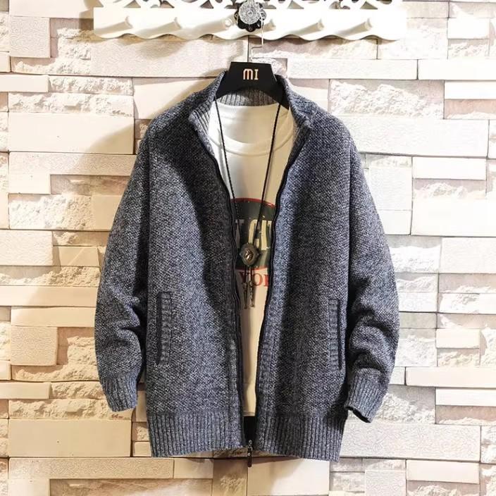 Maglione casual da uomo in pile spesso e invernale, di grandi dimensioni, con colletto alto, cardigan