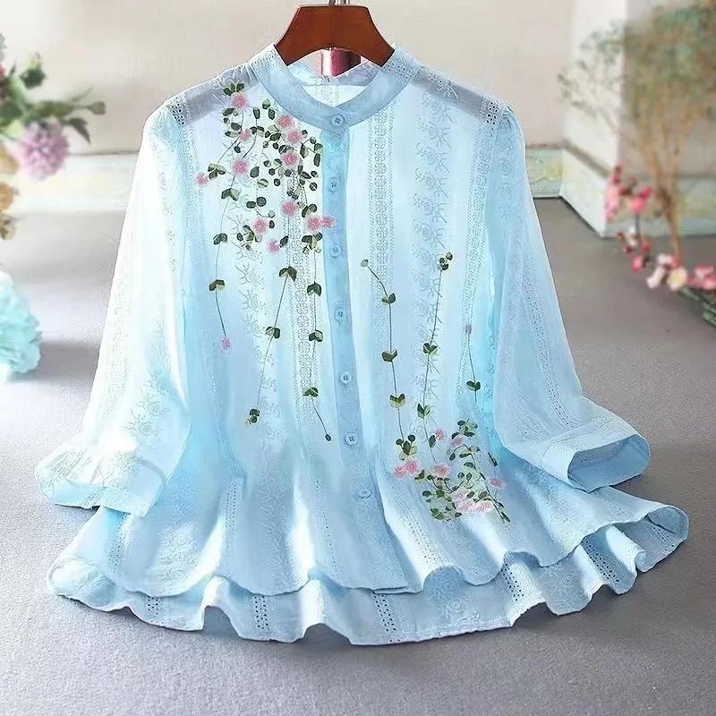 Women's Spring and Summer Artistic Fresh Lace Embroidered Shirt, Front Short, Rear Long, V-neck Pure Cotton Top