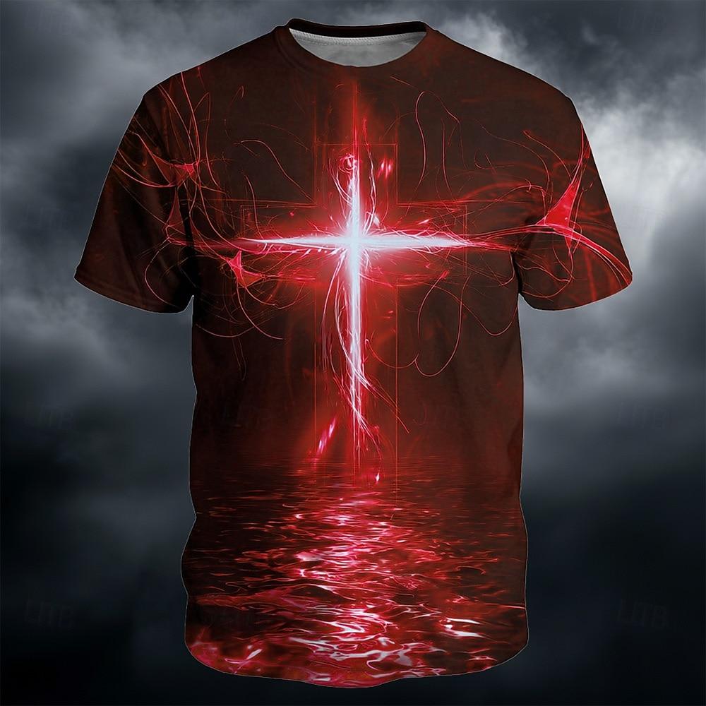 America's  Anniversary Men's Cross T Shirt Short Sleeve T shirt 3D Print Crew Neck Shirt Religious Casual Daily Party Blue Red Green