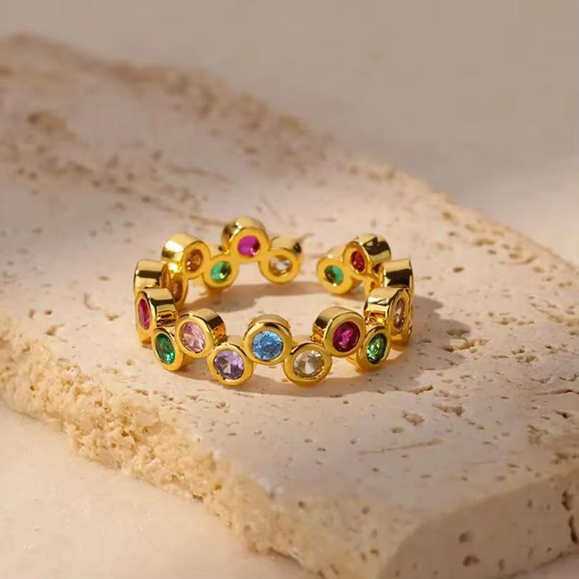 Luxry Colorful Zircon Opening Rings For Women Stainless Steel Gold Color Irregular Geometric Shiny Crystal Ring Fashion Zircon